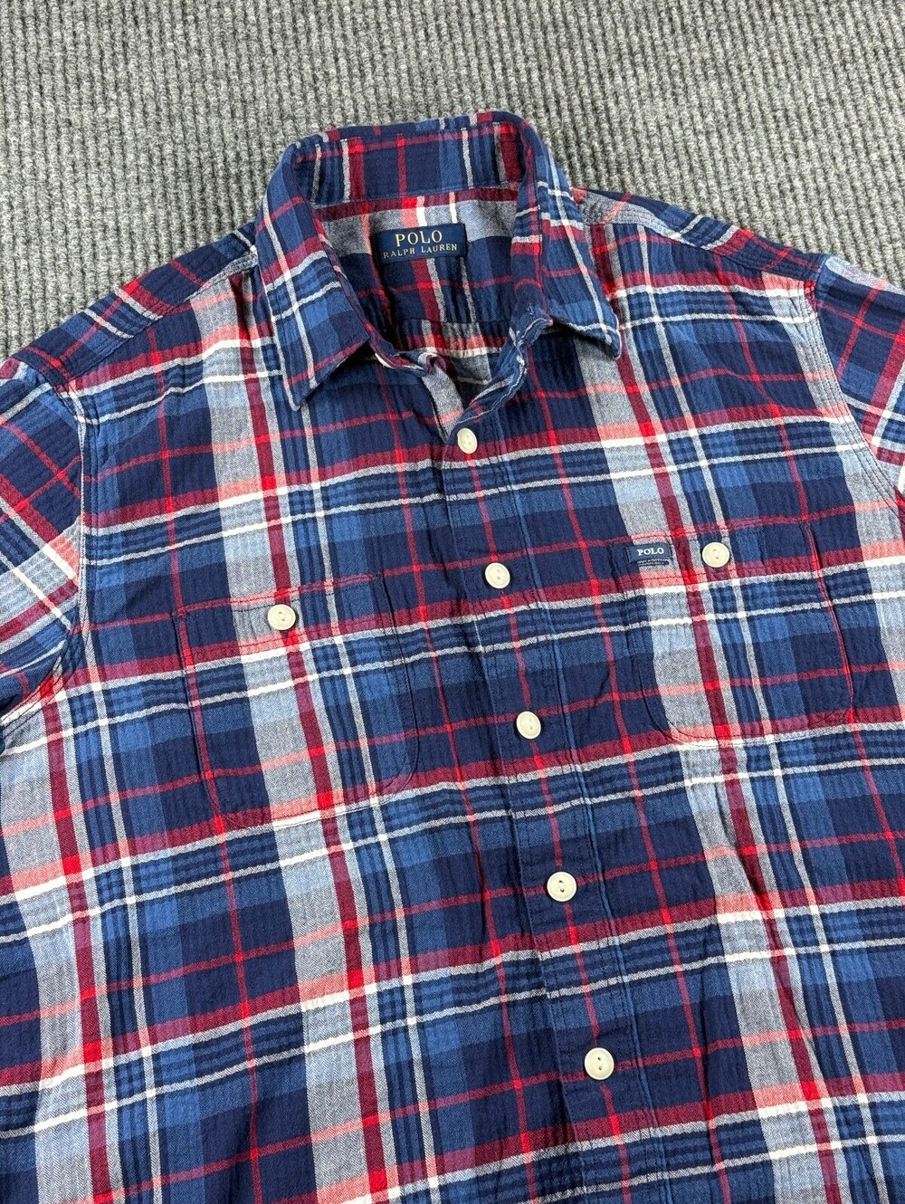 Polo Ralph Lauren Button Up Mens L (NO TAG) Short Sleeve Red White Blue Plaid